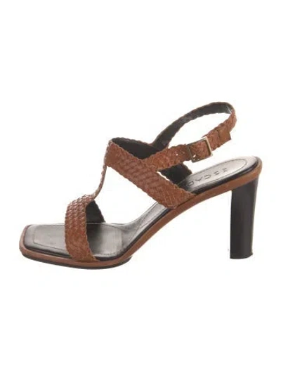 Pre-owned Escada Leather Braided Accents T-strap Sandals In Brown