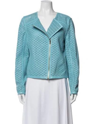 Pre-owned Escada Leather Patterned Biker Jacket In Blue