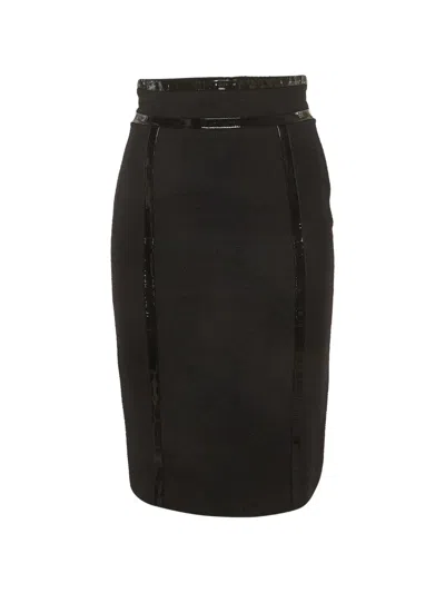 Pre-owned Escada Leather-panel Midi Pencil Skirt In Black