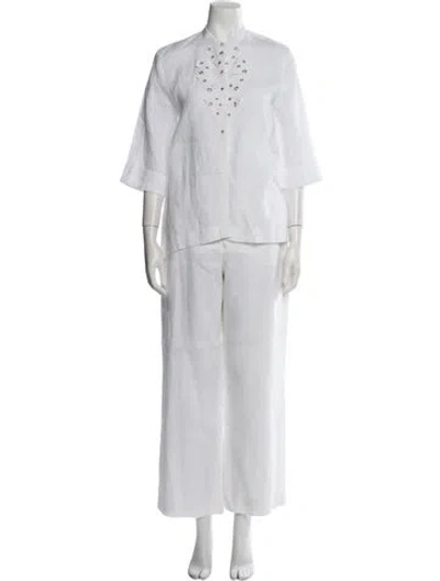 Pre-owned Escada Linen Crystal Embellishments Pant Set In White