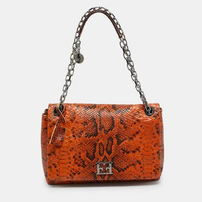 Pre-owned Escada Logo Flap Orange/black Python Embossed Leather Shoulder Bag