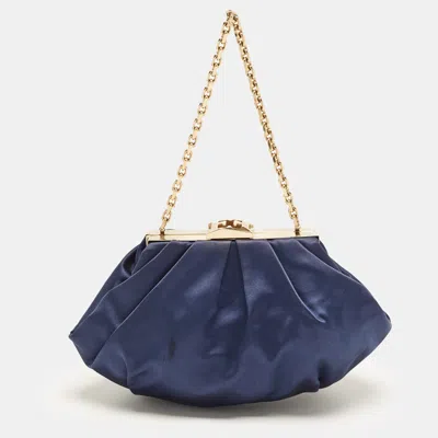 Pre-owned Escada Logo Frame Navy Blue Satin Chain Clutch