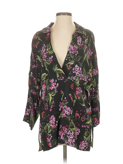 Pre-owned Escada Long Sleeve Top Black Floral Pattern Plunge Neckline Tops
