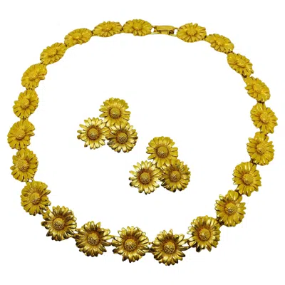 Pre-owned Escada Made In France Signed Vintage Gold Flowers Designer Necklace Earrings Set In Multi