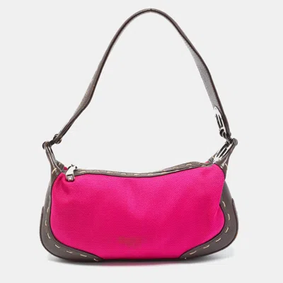 Pre-owned Escada Magenta/dark Brown Leather And Canvas Small Eluna Bag In Pink