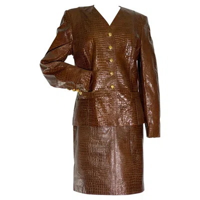 Pre-owned Escada Margaretha Ley 1980s Escada Brown Patent Leather Crocodile Embossed Skirt Suit W Gold Buttons