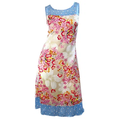 Pre-owned Escada Margaretha Ley 1990s Escada Sport Size 44 / 12 Flowers Polka Dot Print Vintage 90s Silk Dress In Sand