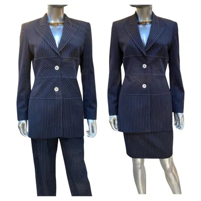 Pre-owned Escada Margaretha Ley Architectural Blazer, Pant Skirt Navy Pinstripe Set Size 4 In Blue