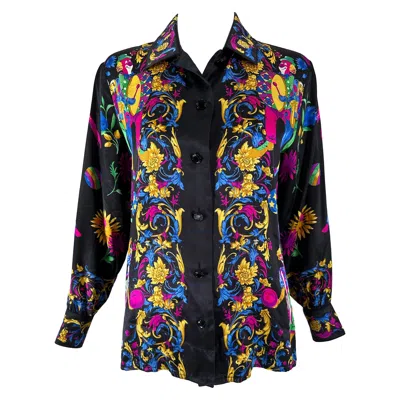 Pre-owned Escada Margaretha Ley Escada 1990s Rare Margaretha Ley Escada Silk Print Collectable Blouse Clowns In Black