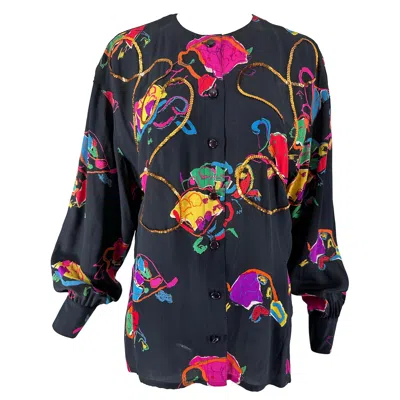 Pre-owned Escada Margaretha Ley Escada By Margaretha Ley Black Silk Printed Round Neck Blouse With Sequins 40