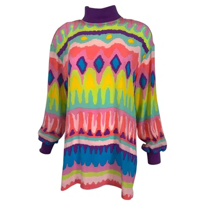 Pre-owned Escada Margaretha Ley Escada Colourful Silk Crepe Stripe Pull On Tunic Knit Collar & Cuffs 1980s In Brown