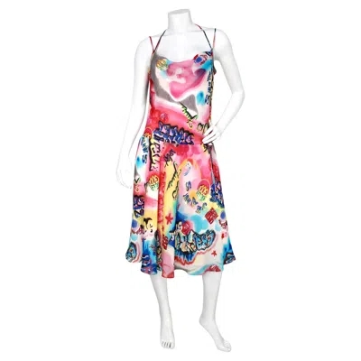 Pre-owned Escada Margaretha Ley Escada Graffiti Print Silk Cowl Neck Dress Circa Circa Y2k In Sand