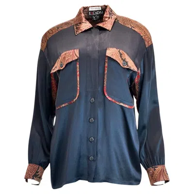 Pre-owned Escada Margaretha Ley Escada Navy Blue Silk Blouse With Paisley Print And Double Pockets