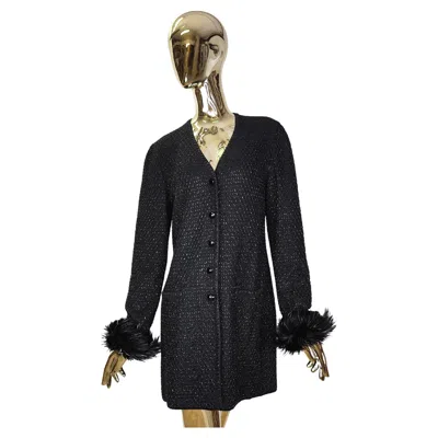 Pre-owned Escada Margaretha Ley Escada Shiny Black Long Cardigan With Removable Feathers Sleeve Cuffs