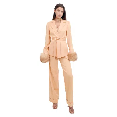 Pre-owned Escada Margaretha Ley Escada Vintage Womens Peach Fox Fur Cuff Belted Suit In Orange