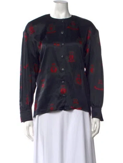 Pre-owned Escada Margaretha Ley Graphic Print Long Sleeve Button-up Top In Black/blue