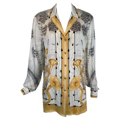 Pre-owned Escada Margaretha Ley Musical Theme Silk Print Blouse 1980s 42 In Brown
