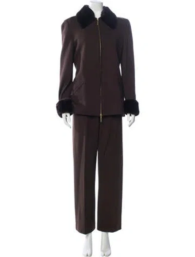 Pre-owned Escada Margaretha Ley Wool Faux Fur Trim Pantsuit In Brown