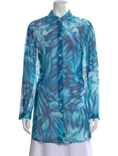 Pre-owned Escada Mesh Floral Print Button-up Top In Blue