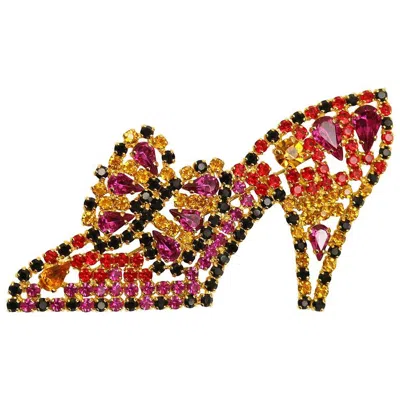 Pre-owned Escada Multi Coloured Crystal Rhinestones Gold Toned Setting Heels Brooch In Brown