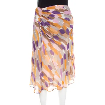 Escada Multicolor Brushstroke Print Silk Ruched Front Flared Skirt