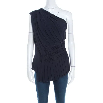 Escada Navy Blue Pleated Crepe Honeycomb Smocking Detail One Shoulder Nienke Top