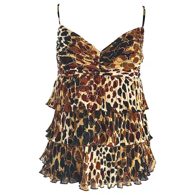 Pre-owned Escada New  Leopard Cheetah Print Silk Tiered Sleeveless Tiered Empire Blouse 38 In Black