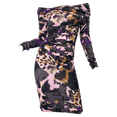 Pre-owned Escada New  Multi Animal Leopard Print Lightweight Wool Off The Shoulder Dress In Black