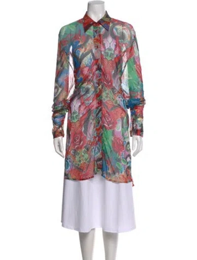 Pre-owned Escada Nylon Floral Print Button-up Top In Red