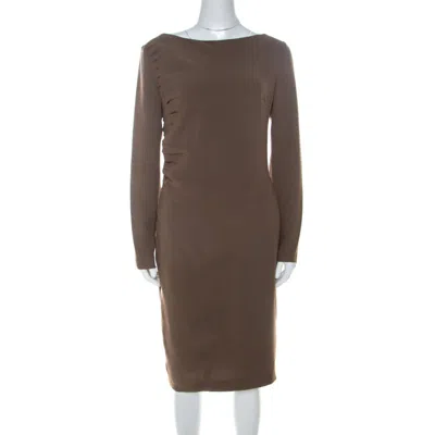 Escada Olive Green Crepe Side Pleated Long Sleeve Shift Dress In Brown