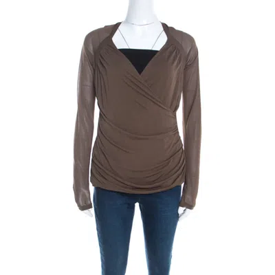 Escada Olive Green Stretch Knit Draped Faux Wrap Bodice Top In Brown