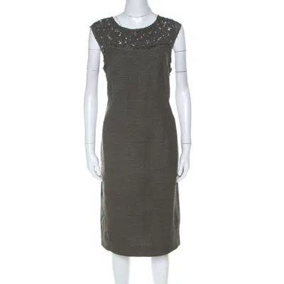 Escada Olive Green Tweed Embellished Delrose Sleeveless Dress In Gray