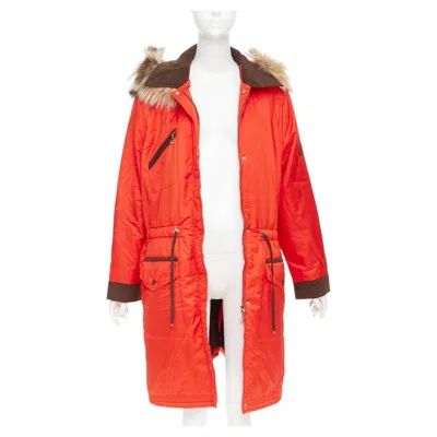 Pre-owned Escada Orange Nylon Fur Trimmed Hood Long Parka Coat It42 M