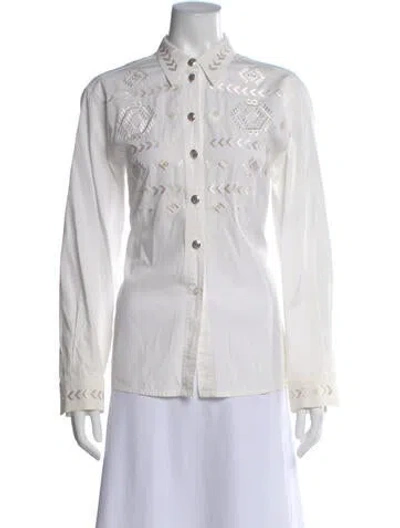 Pre-owned Escada Patterned Long Sleeve Button-up Top In White