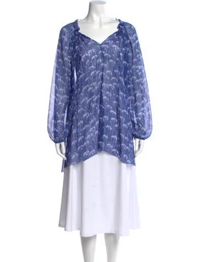 Pre-owned Escada Patterned V-neck Blouse W/ Tags In Blue