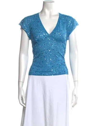 Pre-owned Escada Patterned V-neck Top In Blue