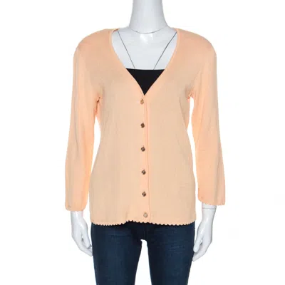 Escada Peach Rib Knit Padded Shoulder Button Front Cardigan In Neutral