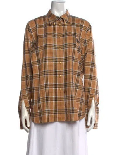 Pre-owned Escada Plaid Print Long Sleeve Button-up Top In Brown