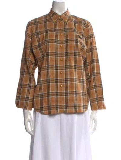 Pre-owned Escada Plaid Print Long Sleeve Button-up Top In Brown