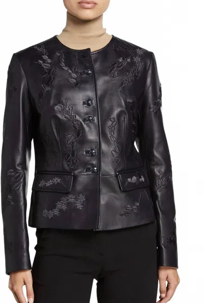 Pre-owned Escada Pre-loved Embroidered Lambskin Leather Jacket In Navy In Black