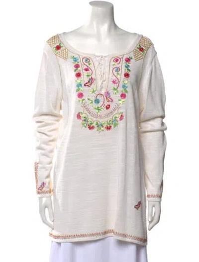 Pre-owned Escada Printed Bateau Neckline Tunic In White