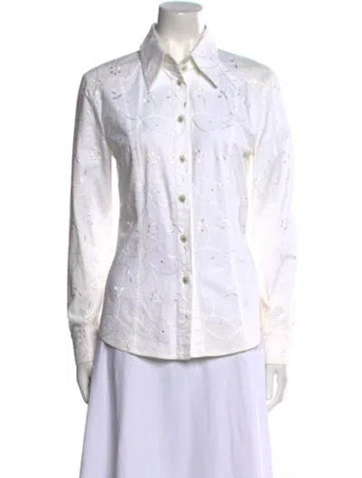 Pre-owned Escada Printed Long Sleeve Button-up Top In White