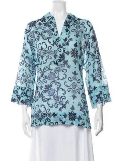 Pre-owned Escada Printed V-neck Top W/ Tags In Blue
