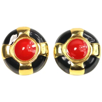 Pre-owned Escada Round Gold Toned Setting Black And Red Stud Clip On Earrings