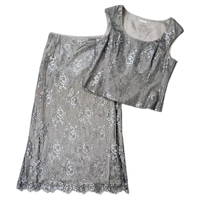 Pre-owned Escada Silk And Lace Dress Elegant Pearl Gray, Vintage 1990s