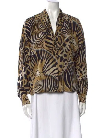 Pre-owned Escada Silk Animal Print Button-up Top In Black