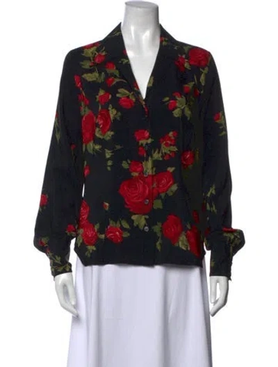 Pre-owned Escada Silk Floral Print Blouse In Black