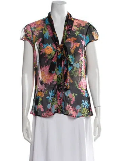 Pre-owned Escada Silk Floral Print Blouse In Black