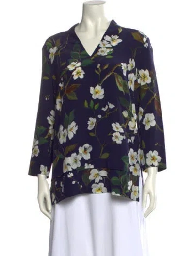 Pre-owned Escada Silk Floral Print Blouse In Blue