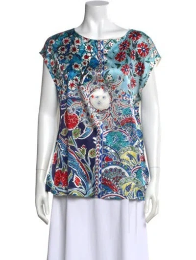 Pre-owned Escada Silk Floral Print Blouse In Blue